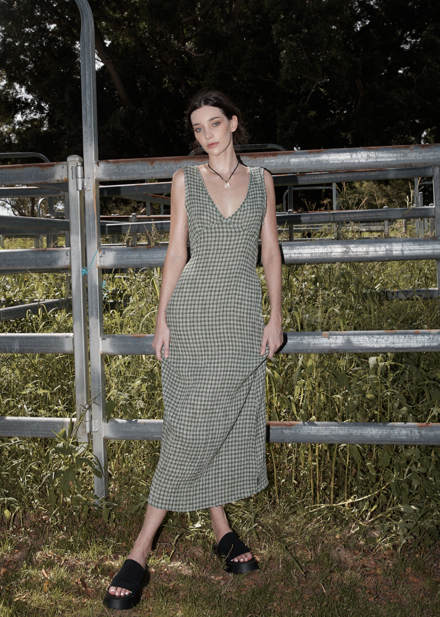 Affend Womens Base - Seersucker Check Maxi Dress - Deep Green Check