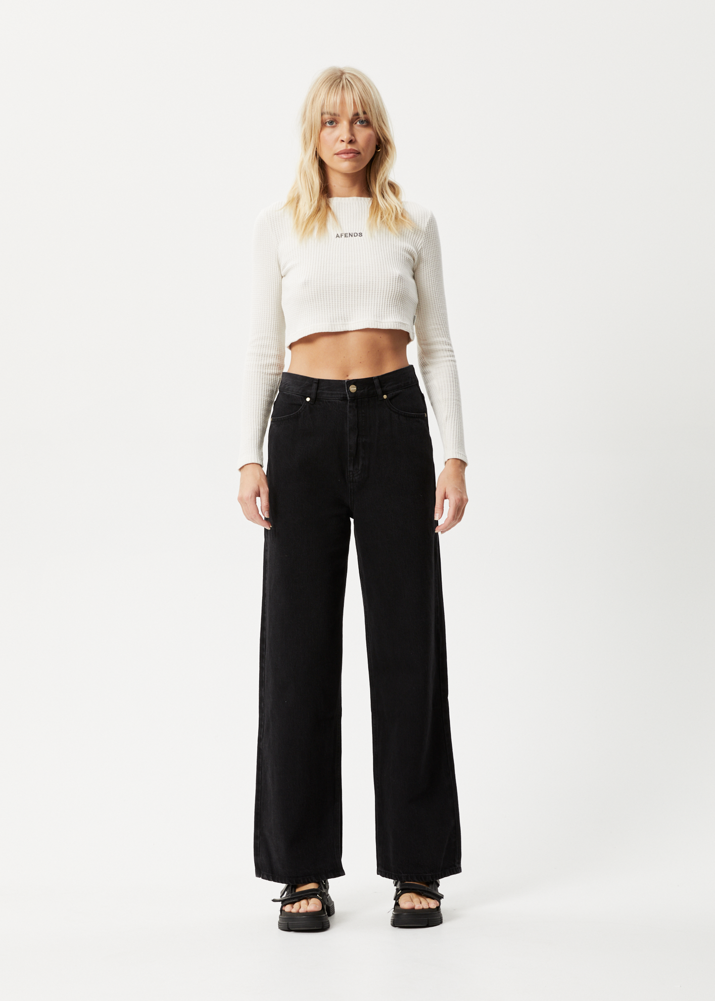 Affend Womens Ari - Waffle Long Sleeve Cropped Top - Off White