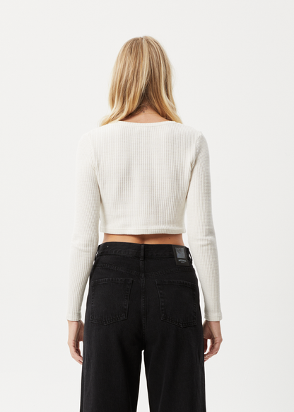 Affend Womens Ari - Waffle Long Sleeve Cropped Top - Off White