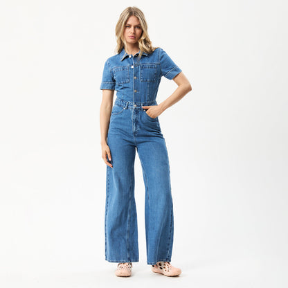 Affend Womens Miami - Denim Flared Jumpsuit - Authentic Blue