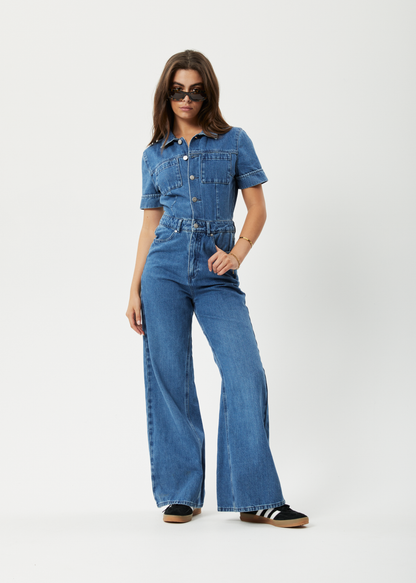 Affend Womens Miami - Denim Flared Jumpsuit - Authentic Blue