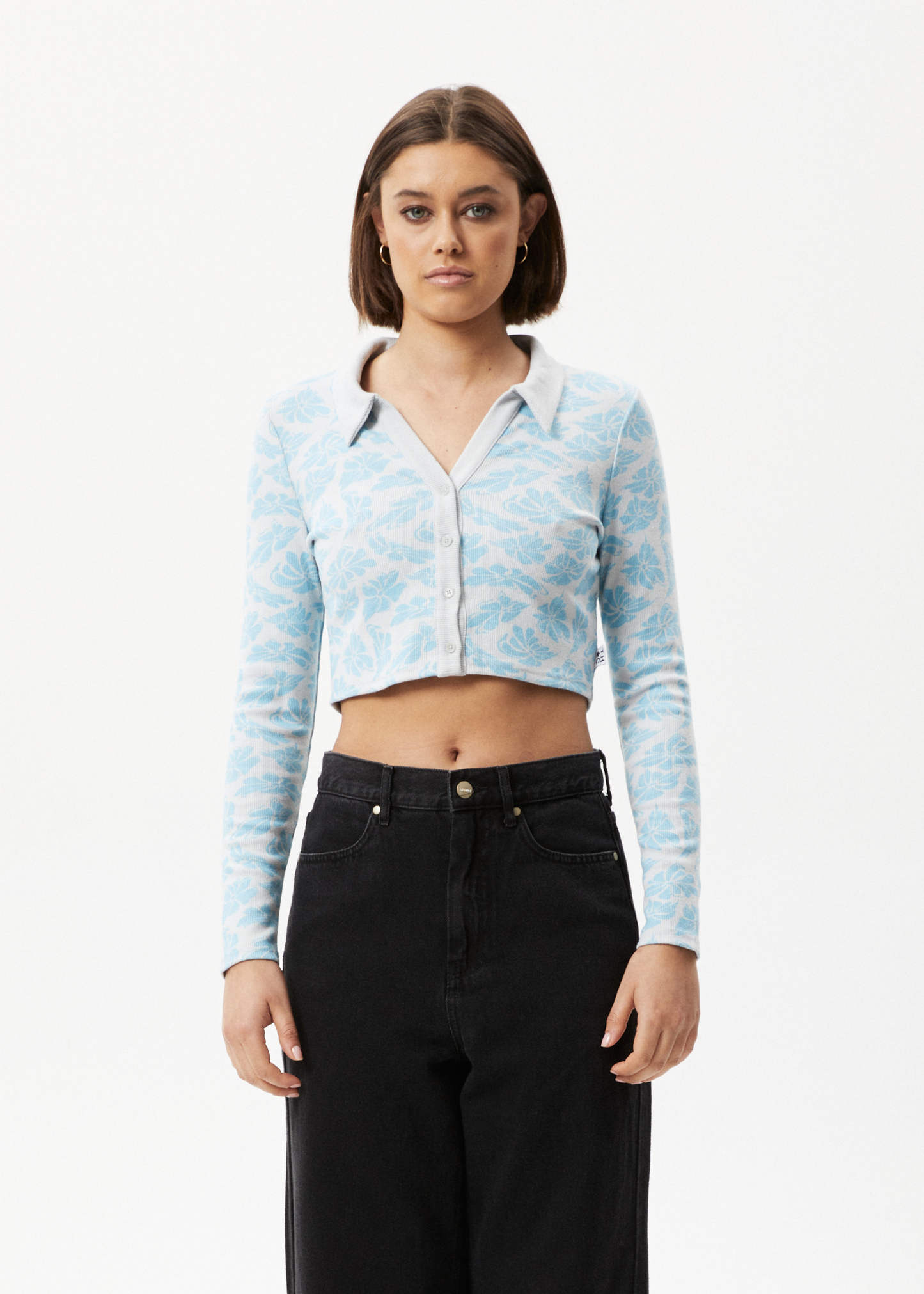 Affend Womens Billie - Ribbed Floral Long Sleeve Shirt - Smoke Blue