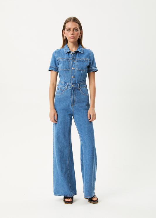 Affend Womens Miami - Denim Flared Jumpsuit - Worn Blue