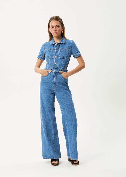 Affend Womens Miami - Denim Flared Jumpsuit - Worn Blue