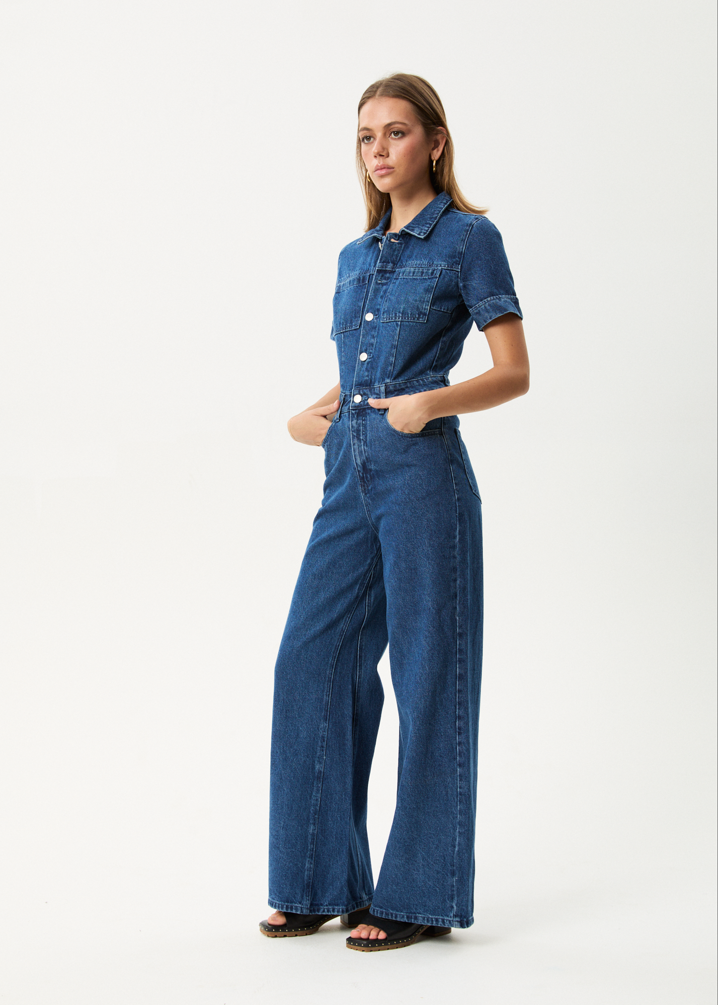 Affend Womens Miami - Denim Flared Jumpsuit - Authentic Blue