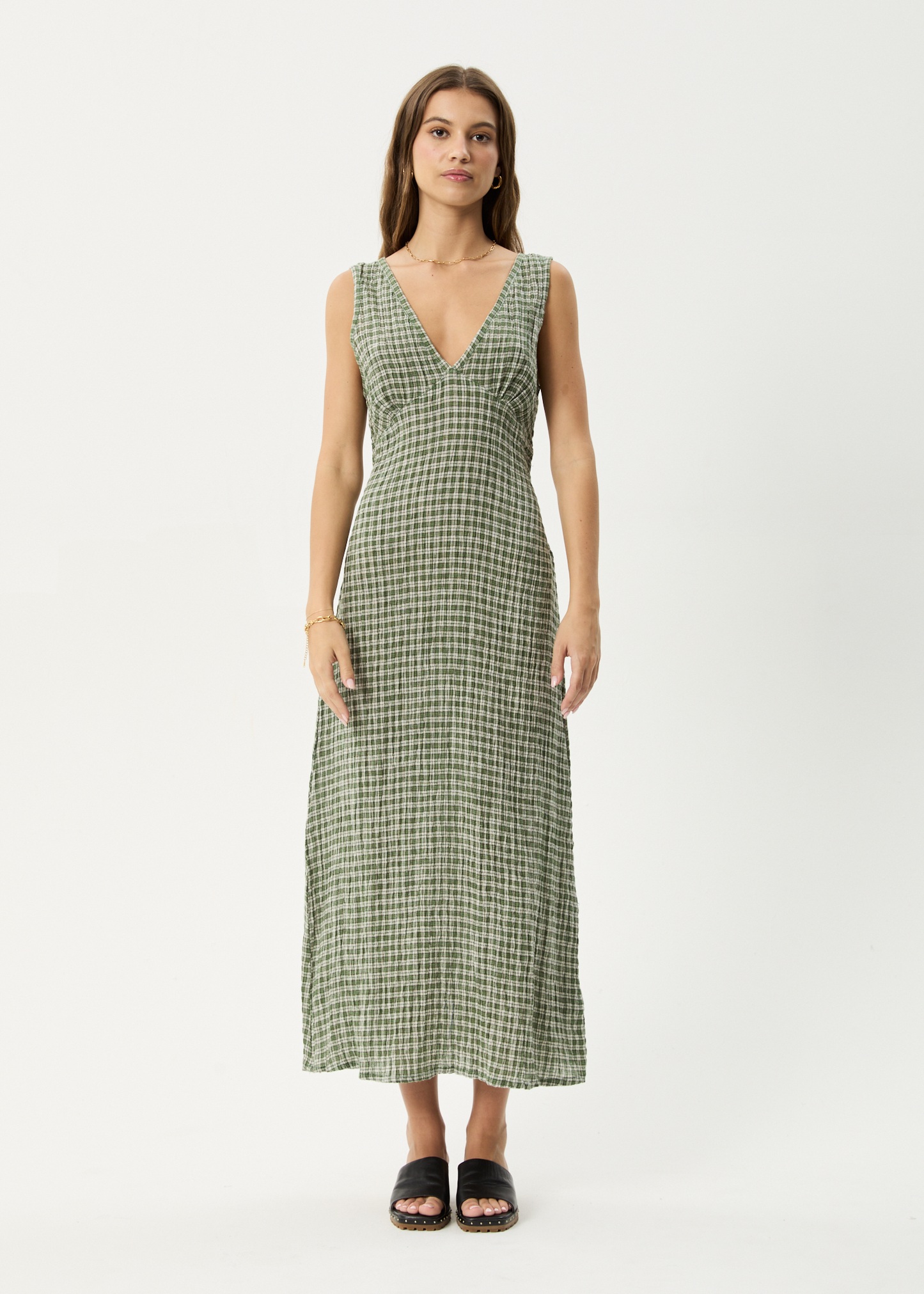 Affend Womens Base - Seersucker Check Maxi Dress - Deep Green Check