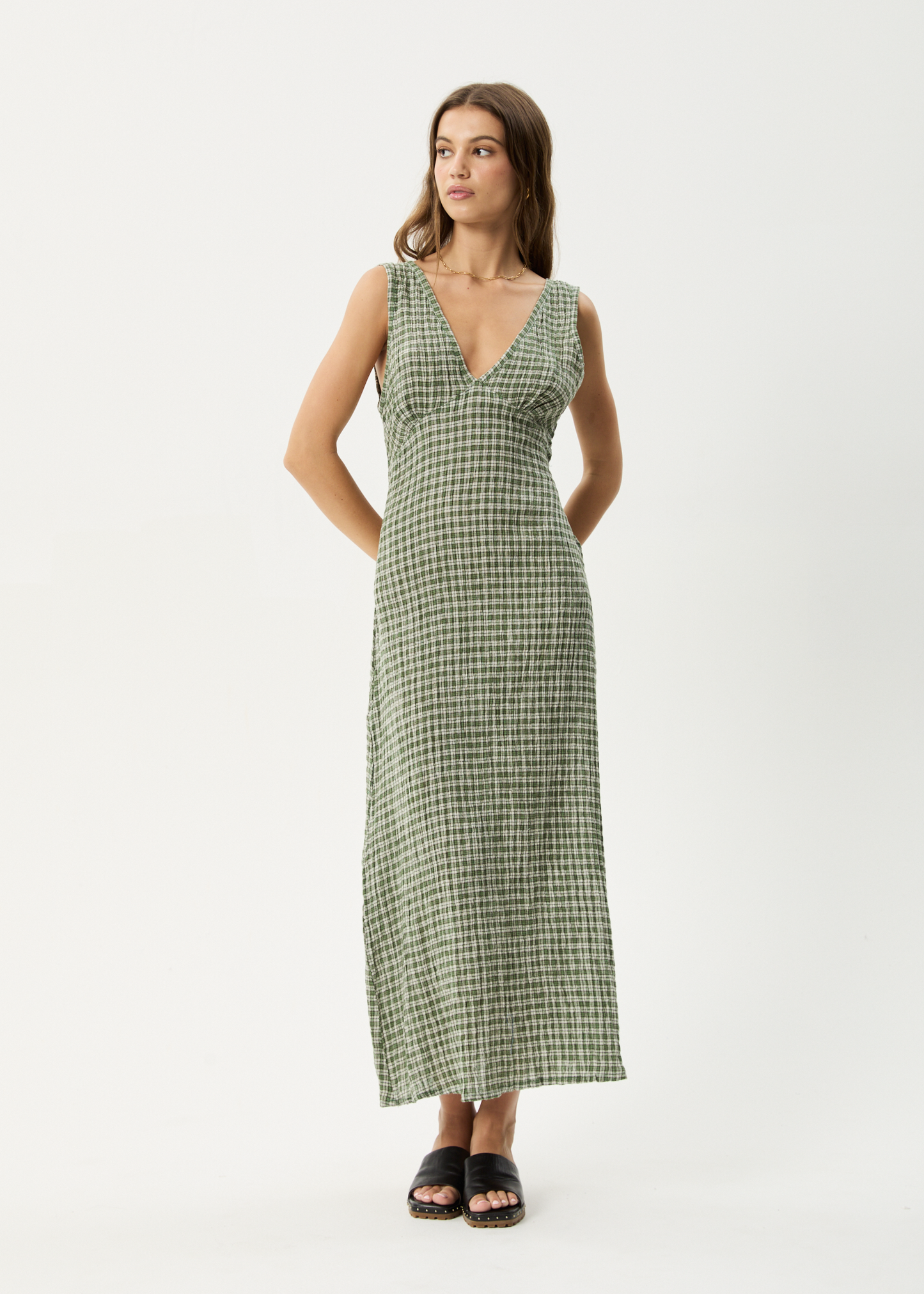 Affend Womens Base - Seersucker Check Maxi Dress - Deep Green Check