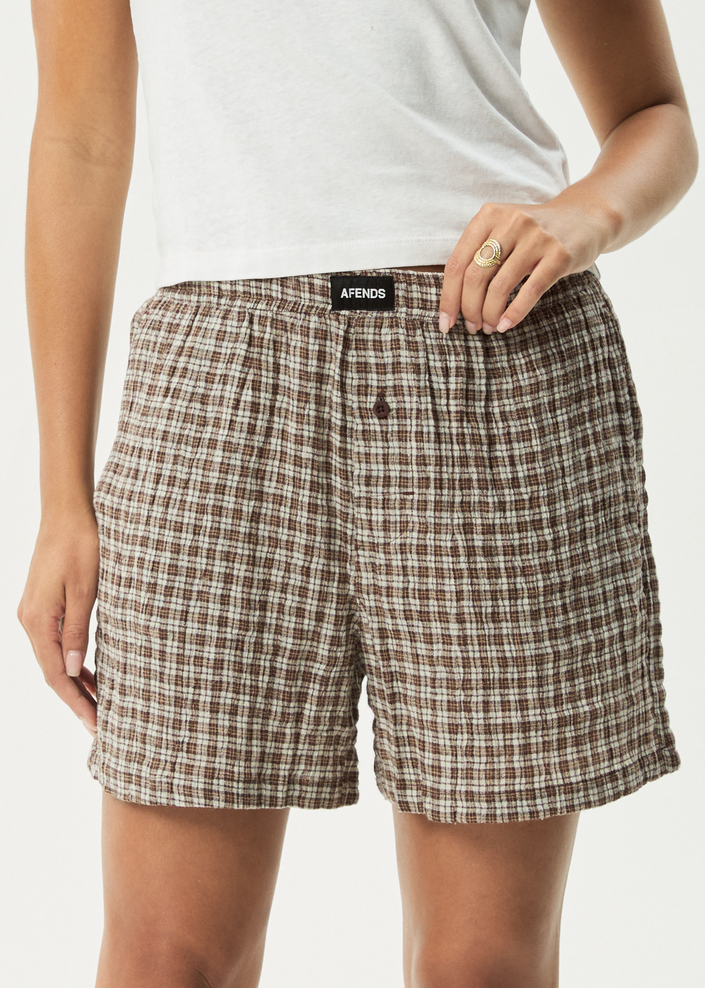 Affend Womens Base - Seersucker Check Boxer Short - Coffee Check