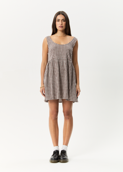 Affend Womens Base Jesse - Seersucker Mini Dress - Coffee Check