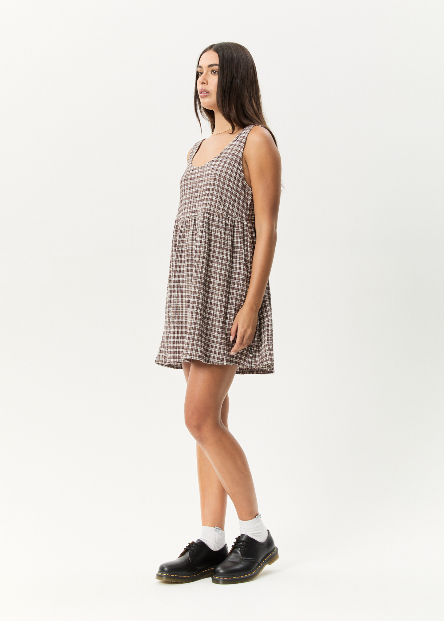 Affend Womens Base Jesse - Seersucker Mini Dress - Coffee Check