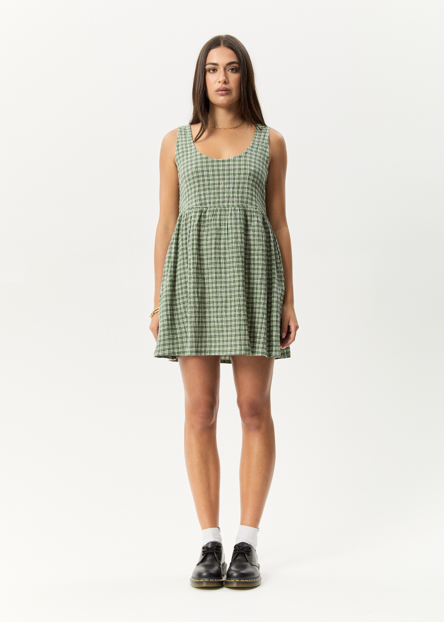 Affend Womens Base Jesse - Seersucker Mini Dress - Deep Green Check