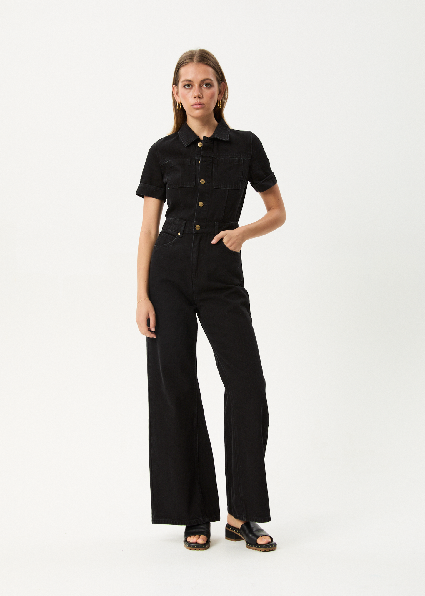 Affend Womens Miami - Denim Flared Jumpsuit - Washed Black