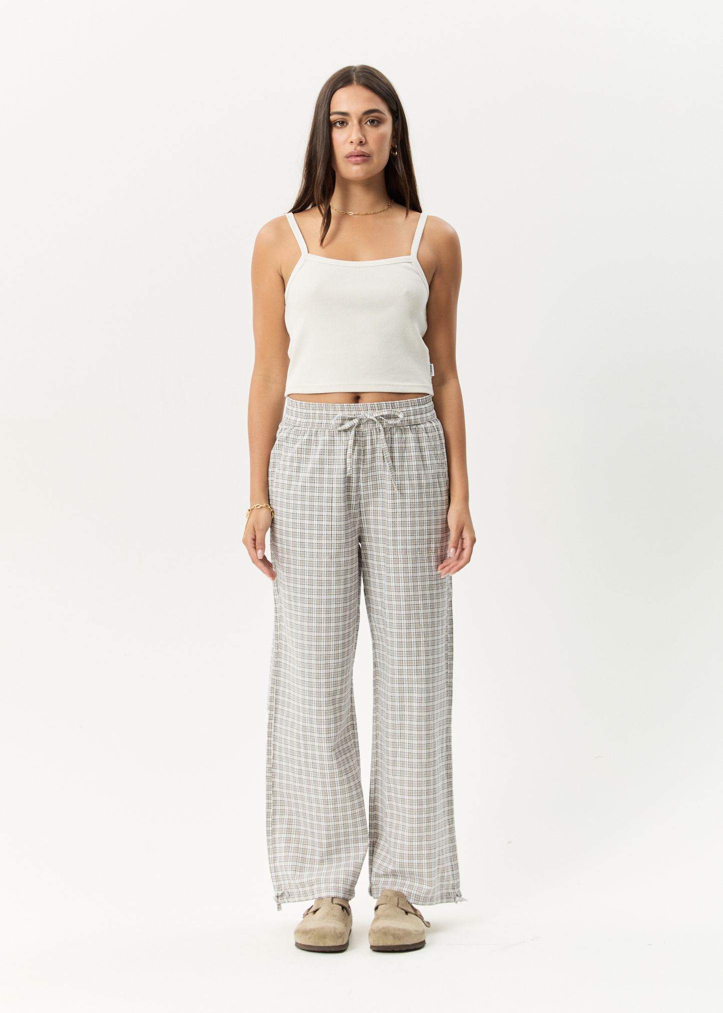 Affend Womens Drew - Seersucker Wide Leg Pant - Taupe Check