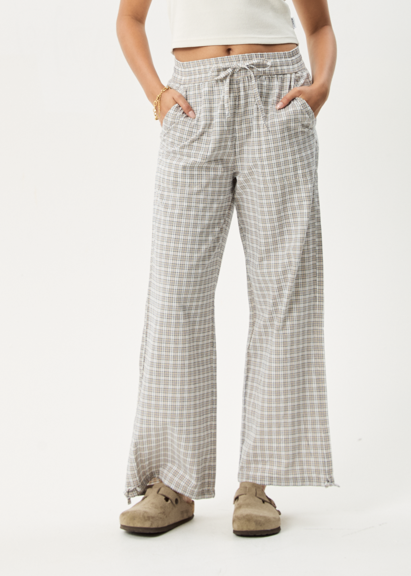 Affend Womens Drew - Seersucker Wide Leg Pant - Taupe Check