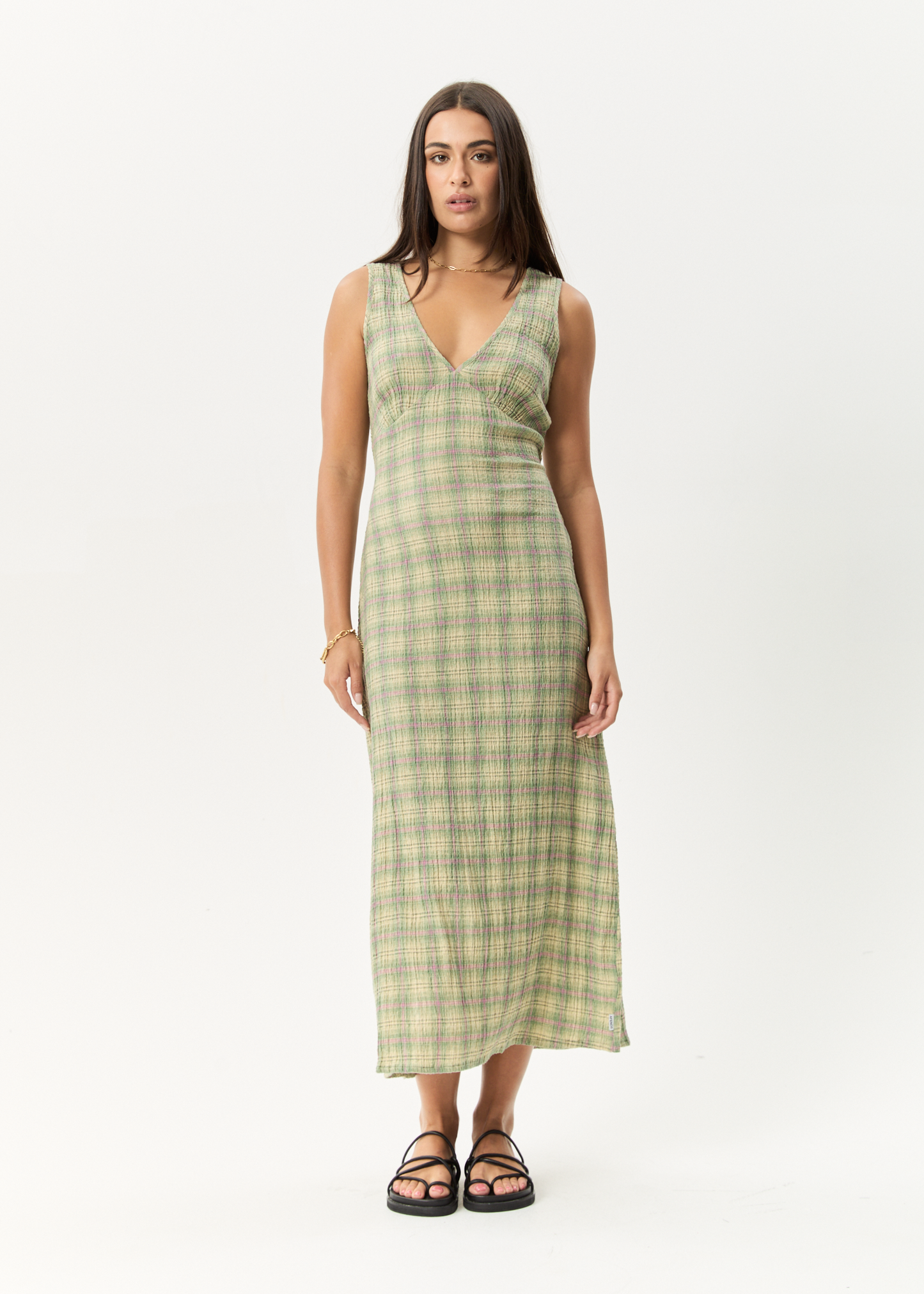 Affend Womens Position - Seersucker Check Maxi Dress - Green Check