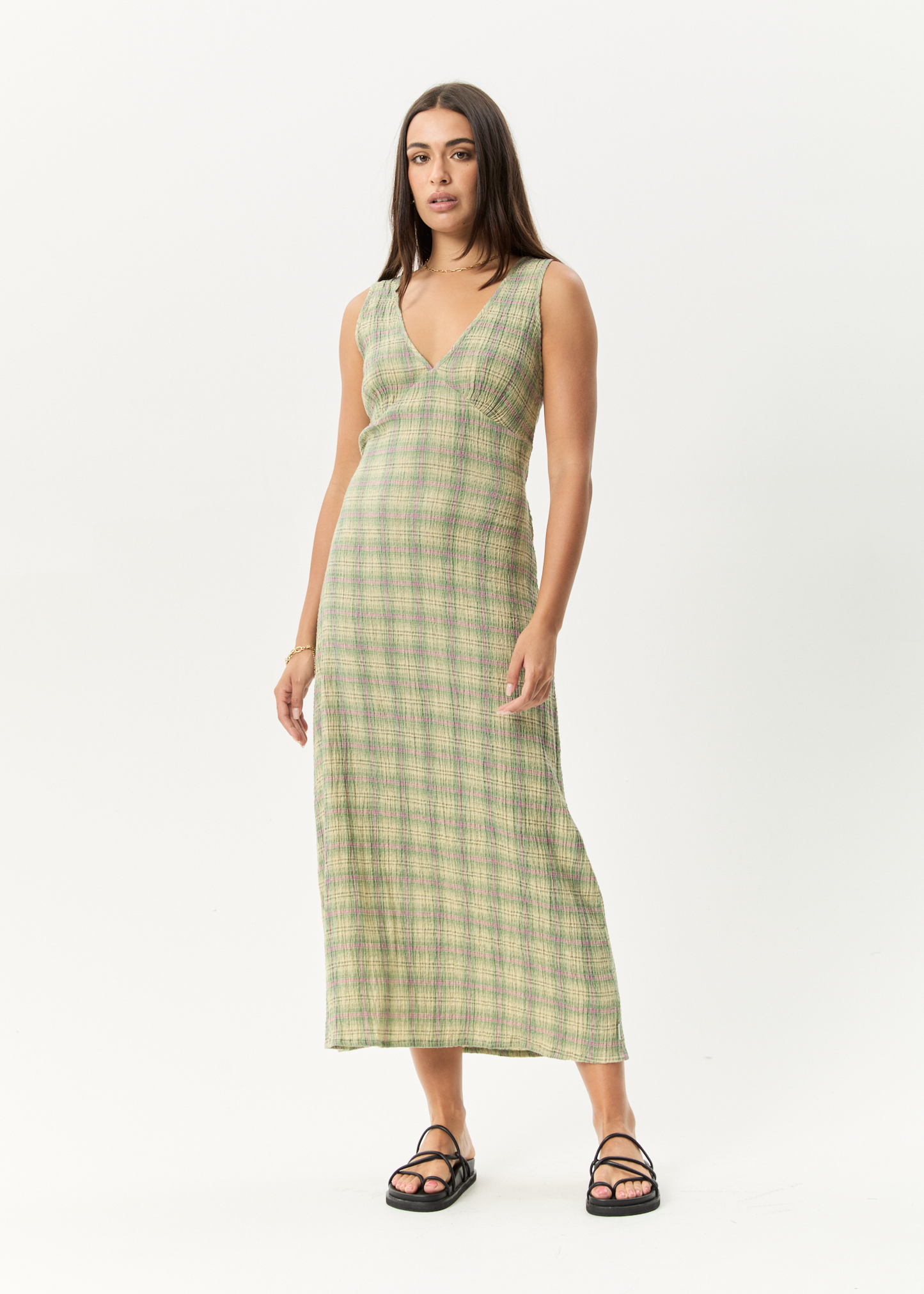 Affend Womens Position - Seersucker Check Maxi Dress - Green Check