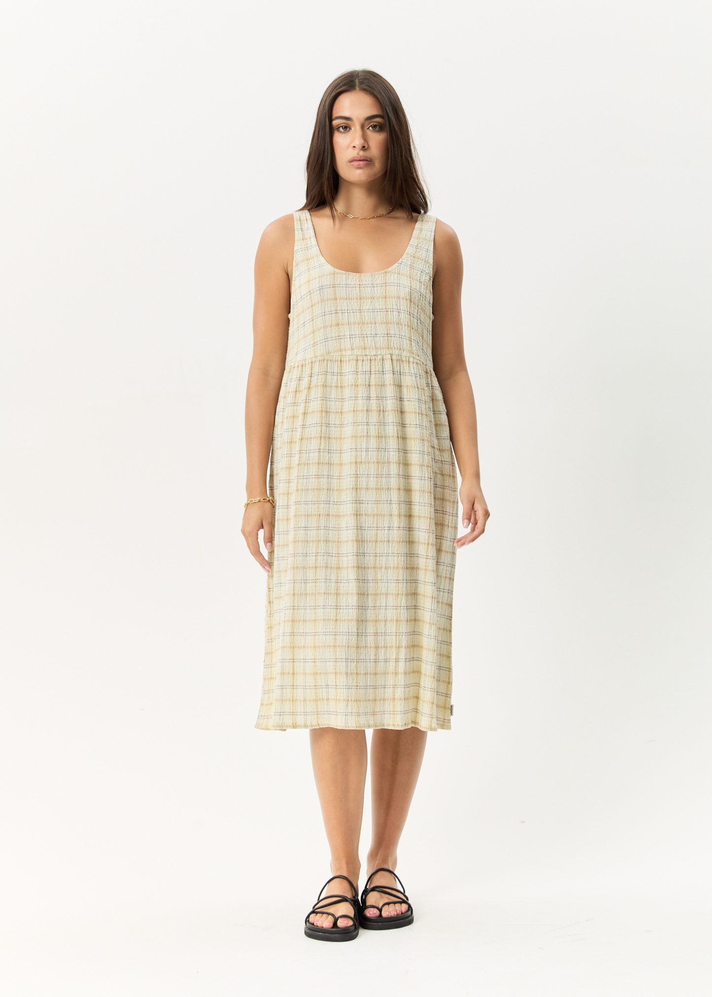 Affend Womens Position - Seersucker Check Midi Dress - Tan Check