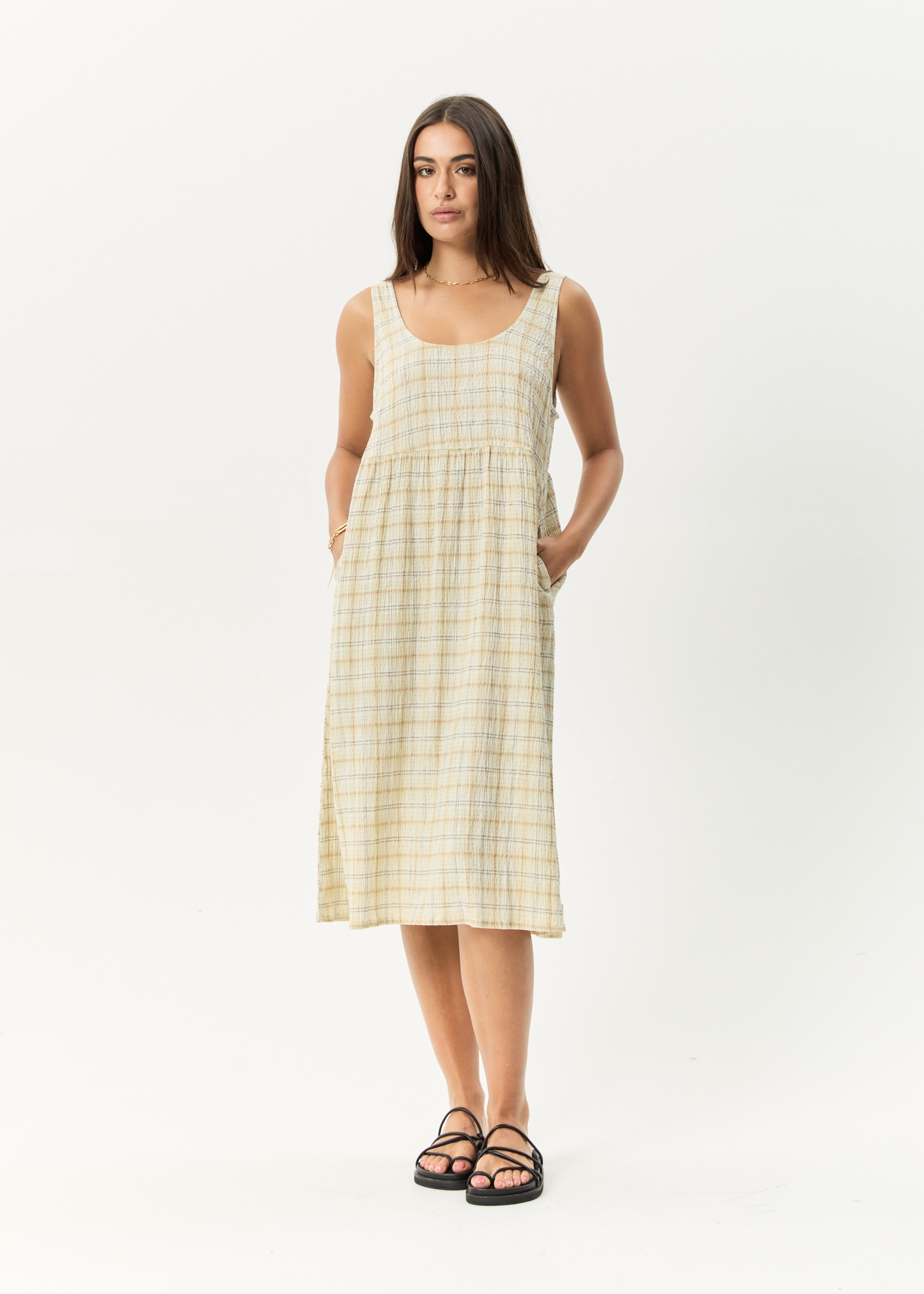 Affend Womens Position - Seersucker Check Midi Dress - Tan Check