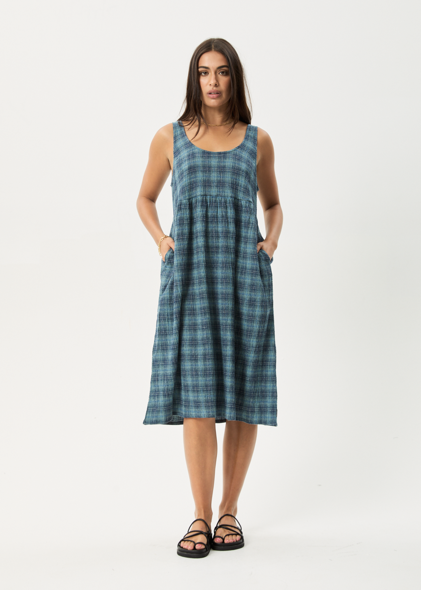 Affend Womens Position - Seersucker Check Midi Dress - Navy Check